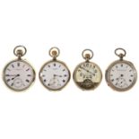AN ENGLISH SILVER KEYLESS LEVER WATCH, TWO ENGLISH SILVER CASED SWISS WATCHES AND A SILVER