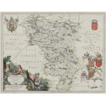 A BLAEU MAP OF DERBYSHIRE, DOUBLE PAGE ENGRAVING, HAND COLOURED, 39.5 X 52CM Apparently good