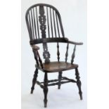 A VICTORIAN ASH HIGH BACK WINDSOR CHAIR, LATE 19TH C, WITH ELM SEAT, SEAT HEIGHT 46CM, OVERALL WIDTH