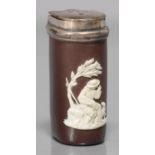 A VICTORIAN WEDGWOOD TYPE BROWN GLAZED EARTHENWARE TOOTHBRUSH BOX WITH SILVER PLATED LID, C1870,