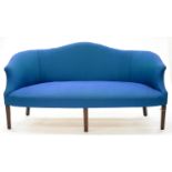 A GEORGE III MAHOGANY SOFA, ON MOULDED LEGS, UPHOLSTERED IN BLUE FABRIC, SEAT HEIGHT 44CM, 188CM L