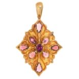 A VICTORIAN PEAR AND CUSHION SHAPED AMETHYST SET GOLD PENDANT, LATE 19TH C, 84 X 40MM OVERALL, 11.3G