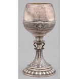 A SWISS SILVER PRIZE GOBLET DATED 1879,THE OVOID BOWL ON SPOOL KNOB AND FLARED, EMBOSSED FOOT WITH