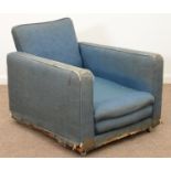 A MINTY LTD CLUB CHAIR, C1930, WITH ADJUSTABLE BACK, IN THE ORIGINAL MUCH WORN BLUE UPHOLSTERY, SEAT