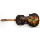 A VIOLIN, THE BACK PAINTED WITH FLOWERS, LENGTH OF BACK 35CM, A LATE 19TH C ROSEWOOD VIOLIN CASE AND