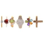 FIVE RINGS, VARIOUSLY GEM SET IN GOLD AND A 9CT GOLD CRUCIFIX RING, 16.8G, SIZES N, P (6) Good