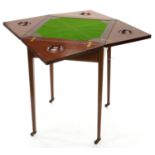 A VICTORIAN MAHOGANY, SATINWOOD AND LINE INLAID  CARD TABLE, C1900, WITH 'ENVELOPE' TOP, ON SQUARE