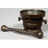 A BRONZE MORTAR IN 16TH C NETHERLANDS STYLE, 19TH C, CAST IN TWO REGISTERS WITH MEDIEVAL FIGURES