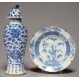A CHINESE BLUE AND WHITE VASE AND COVER AND SOUP PLATE, LATE 18TH AND 19TH C, VASE AND COVER 33CM H,
