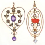 AN AMETHYST AND SPLIT PEARL SET GOLD HEART SHAPED OPENWORK PENDANT, C1910 AND A CONTEMPORARY GEM SET
