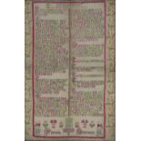 AN ENGLISH LINEN SAMPLER, ABIGAIL GOODWIN 1725, FINELY WORKED IN RED AND GREEN SILK WITH THE TEN