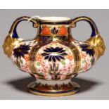 A  CROWN DERBY IMARI PATTERN MASK HANDLED SQUAT VASE, 1885, 90MM H, PRINTED MARK Slight wear on