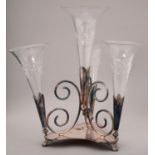 AN EDWARDIAN EPNS FLOWER STAND, C1910 WITH FOUR CUT GLASS TRUMPET SHAPED VASES, 37CM H, BY