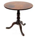 A GEORGE III MAHOGANY TRIPOD TABLE, LATE 18TH C, THE ROUND TOP ON BALUSTER PILLAR, 71CM H; 75CM DIAM