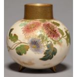 A ROYAL DOULTON EARTHENWARE THREE FOOTED GLOBULAR VASE, C1885, PAINTED WITH CHRYSANTHEMUMS