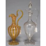 A GLASS CLARET JUG AND STOPPER, C1870, OF SHIELD SHAPE WITH POINTER STOPPER, CUT AND ENGRAVED WITH