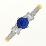 A SAPPHIRE AND DIAMOND THREE STONE RING, GOLD HOOP, MARKED 18CT PLAT, 1.8G, SIZE P½ Good condition