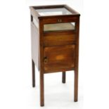 A 19TH C MAHOGANY AND LATER INLAID POT CUPBOARD, ADAPTED AS A DISPLAY TABLE, 19TH C, 82CM H; 35 X