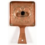 AN ARTS & CRAFTS COPPER REPOUSSE CHAMBERSTICK IN THE MANNER OF JOHN PEARSON, C1905, THE SQUARE PAN
