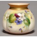 A ROYAL WORCESTER SACK SHAPED VASE, 1912, PRINTED AND PAINTED WITH VIOLETS, 80MM H, PRINTED MARK