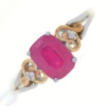 A  RUBY RING WITH DIAMOND SHOULDERS, SET IN GOLD, SILVER HOOP MARKED 925 375, 1.8G,  SIZE L½ Much