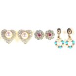 A PAIR OF RUBY AND DIAMOND CLUSTER EAR STUDS, IN GOLD, 5MM DIAM, 3.4 G, A PAIR OF CULTURED PEARL AND