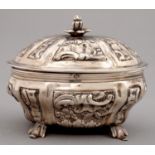 AN ITALIAN   SILVER REPOUSSE SUGAR BOX AND COVER, MID 18TH C, OF BOMBE FORM, DECORATED WITH ROCAILLE