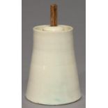 KITCHENALIA. A WHITE EARTHENWARE TABLE BUTTER CHURN AND COVER, C1900, 20CM H AND A WOODEN STIRRER,