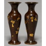 A PAIR OF JAPANESE INLAID BRONZE VASES, MEIJI PERIOD, OF INVERTED BALUSTER FORM, CARVED AND INLAID