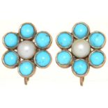 A PAIR OF CULTURED PEARL AND TURQUOISE EARRINGS, C EARLY 20TH C, IN GOLD, 11MM, SCREW FITTING MARKED