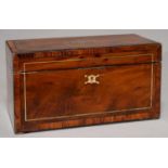 A GEORGE III YEW WOO, ROSEWOOD AND BRASS LINE INLAID  TEA CHEST, EARLY 19TH C, 29CM L, CONTAINING