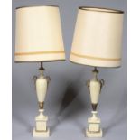 A PAIR OF EMPIRE STYLE GILTMETAL MOUNTED CREAM PAINTED WOOD VASE SHAPED TABLE LAMPS,  20TH C, 57CM H