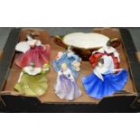 SIX ROYAL DOULTON FIGURES, ELEGANT LADIES, 18CM H AND C, PRINTED MARKS AND A CROWN DEVON  TWO