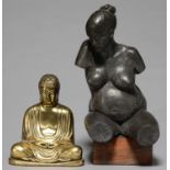 A BRONZED RESIN SCULPTURE OF A NUDE WOMAN ON WOOD BASE, 47CM H AND A SIMILAR GILT RESIN SCULPTURE OF