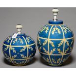 TWO MATCHING KINGFISHER BLUE AND CREAM GLAZED GLOBULAR EARTHENWARE LAMPS, LATE 20TH C, 27CM H AND