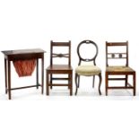 A REGENCY FRUITWOOD DINING CHAIR, RUSH SEATED, TWO OTHER CHAIRS AND A RECTANGULAR OAK WORK TABLE,