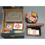 A SANDALWOOD WORK BOX, A WALNUT JEWEL BOX, VINTAGE CARD GAMES, ETC