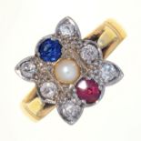 A VICTORIAN RUBY, SAPPHIRE, PEARL AND DIAMOND RING, MILLEGRAIN SET, 18CT GOLD BAND, BIRMINGHAM 1898,
