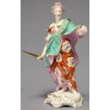 A DERBY FIGURE OF JUSTICE, C1780, IN PINK LINED TURQUOISE MANTEL AND FLOWERED ORANGE GOWN,