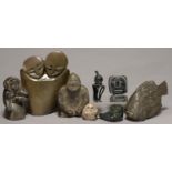SEVEN AFRICAN AND INUIT SERPENTINE AND OTHER STONE SCULPTURES AND A MINIATURE BRONZE FIGURE OF A