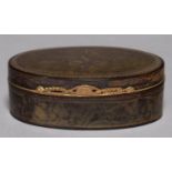 A LOUIS XVI OVAL PIQUE SNUFF BOX, C1780, OF HORN, THE LID INLAID IN SILVER WITH A VASE OF FLOWERS,