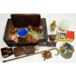 A 19TH C SALTGLAZED STONEWARE BIRD FEEDER, 19CM H AND MISCELLANEOUS OTHER BOXES, OBJECTS,