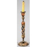 A KASHMIRI POLYCHROME LACQUER HELIX CANDLESTICK, C1900, 50CM H, ADAPTED AS A LAMP AND DRILLED FOR