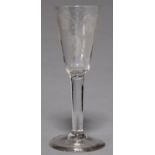 AN ALE GLASS, C1770, THE ROUND FUNNEL BOWL ENGRAVED WITH HOPS AND BARLEY, ON PLAIN SOLID STEM AND