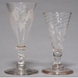 A DWARF ALE GLASS, THIRD QUARTER 18TH C, THE WRYTHEN FLUTED BOWL ON RUDIMENTARY STEM WITH KNOP AND