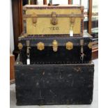 A VICTORIAN IRON BOUND AND BLACK PAINTED PINE BOX AND TWO CABIN TRUNKS, 56CM H; 102 X 55CM AND