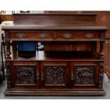 A SUBSTANTIAL VICTORIAN CARVED OAK BUFFET BY MAPLE & CO, LATE 19TH C, THE LOWER PART ENCLOSED BY