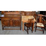 AN OAK DRAWLEAF DINING TABLE, A SIDEBOARD AND A SET OF FOUR CHAIRS, TABLE 76CM H; 91 X 91CM