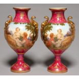 A PAIR OFCONTINENTAL  PORCELAIN CLARET GROUND VASES, 20TH C, DECORATED WITH LOVERS IN A CONTINUOUS