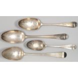 A GEORGE II SILVER SHELL BACK TABLESPOON, MAKER R H, LONDON 1754, TWO OTHER SILVER TABLESPOONS,